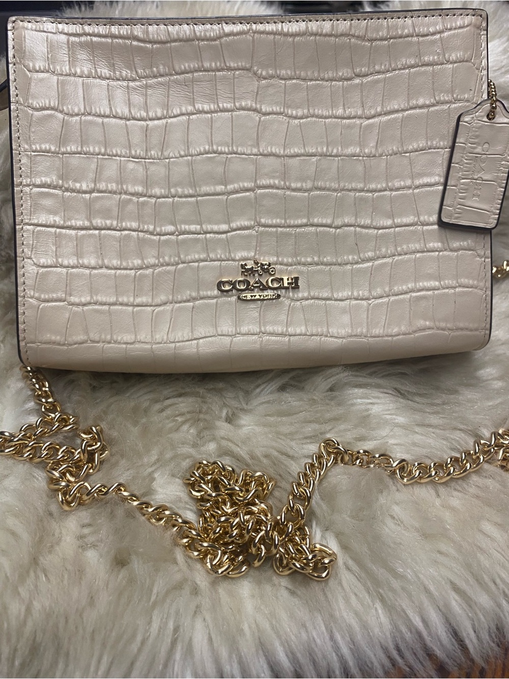 Coach Croc Embossed Leather Chain Crossbody Bag Ivory Cream Gold EUC No Wear